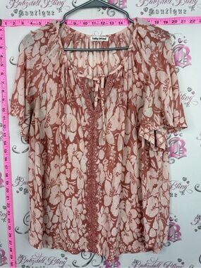kathy ireland Rust and Cream Floral Tie-Front Short Sleeve Top